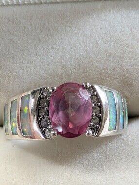 Gorgeous Oval Pink Sapphire/Opal Simulant Silver/Great  Cruise Vacay Ring